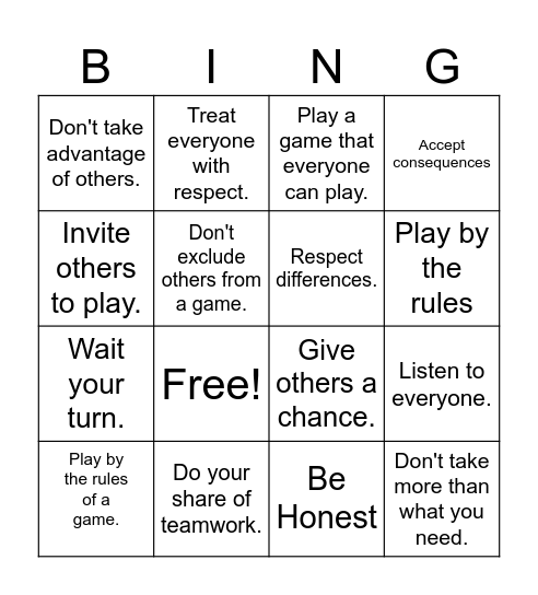 Fairness Bingo Card