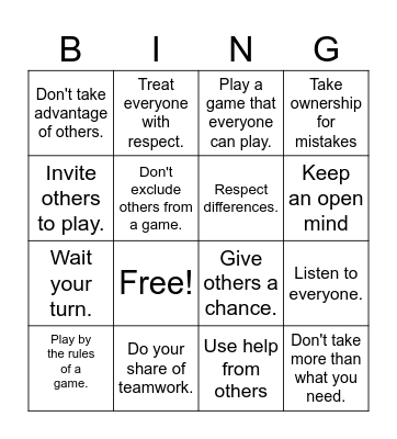 Fairness Bingo Card