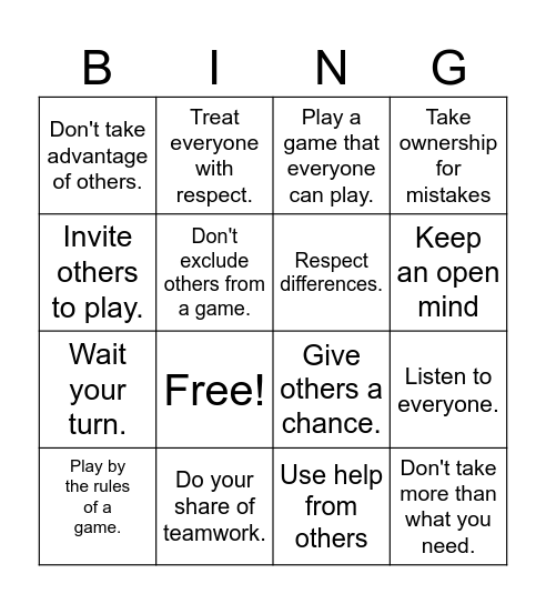 Fairness Bingo Card