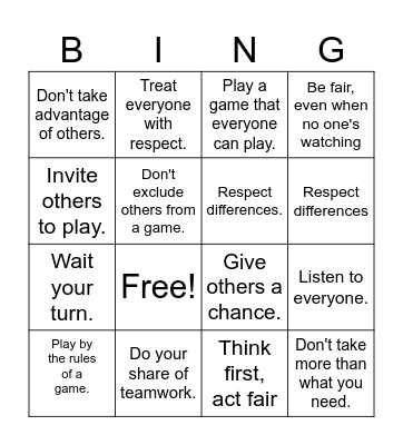 Fairness Bingo Card