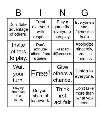 Fairness Bingo Card