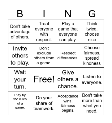 Fairness Bingo Card