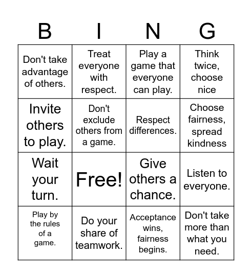 Fairness Bingo Card