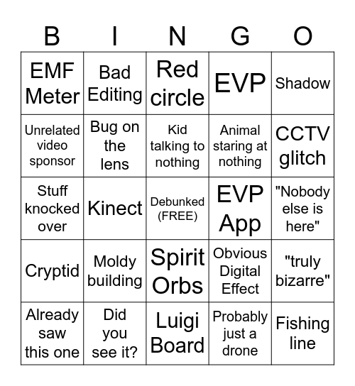 Ghost Watch Bingo Card