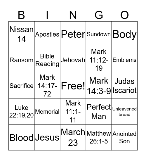 Memorial Bible Bingo Card