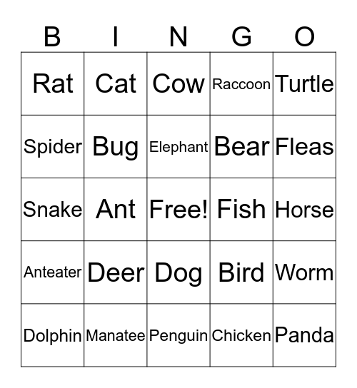 ANIMAL BINGO Card