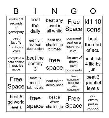 Geometry Dash Bingo Card