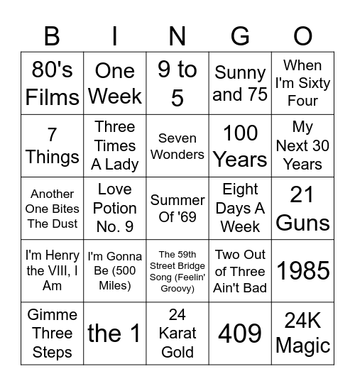 Songs With A Number In The Title Bingo Card