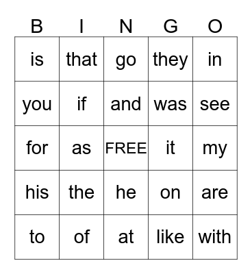 Sight Words Bingo Card