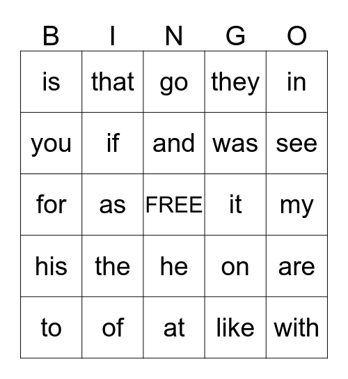 Sight Words Bingo Card