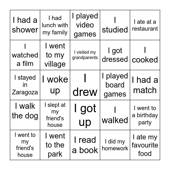 weekend Bingo Card