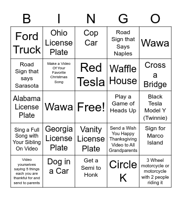 Evers Road Trip Bingo Thanksgiving 2023 Bingo Card