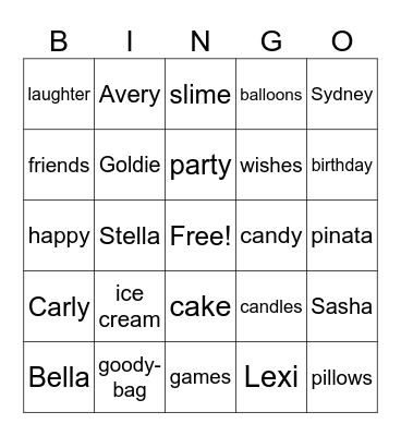 Bella's birthday Bingo Card