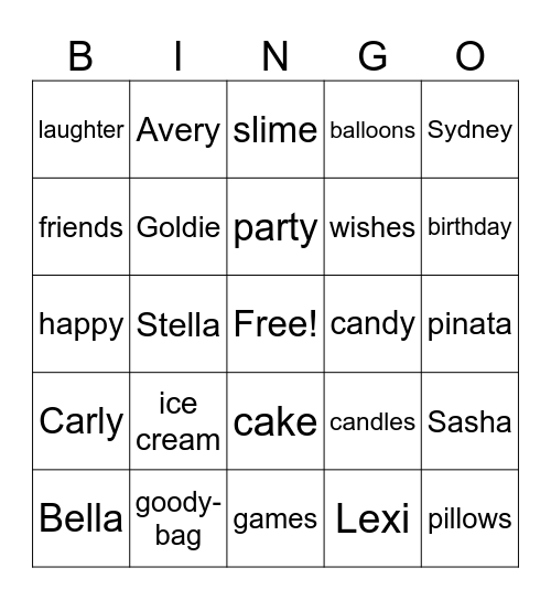 Bella's birthday Bingo Card