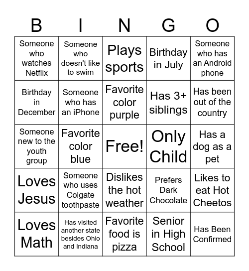 Youth Group Bingo Card