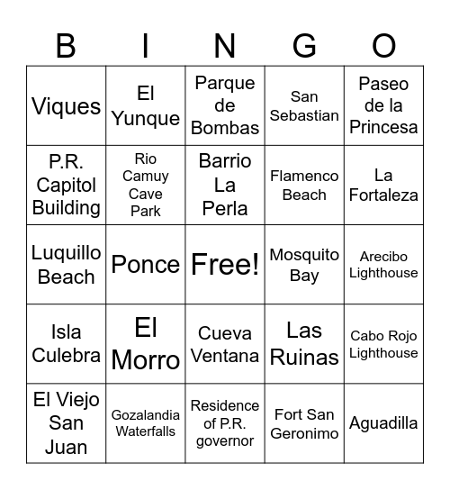 Viajando en Puerto Rico Bingo Card