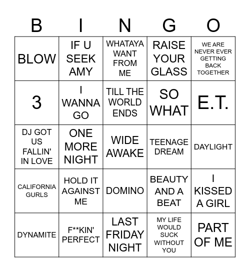 SONGS WRITTEN AND PRODUCED BY MAX MARTIN 2008-2012 Bingo Card