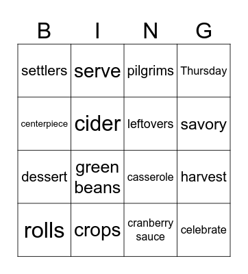 Thanksgiving Articulation Bingo Card