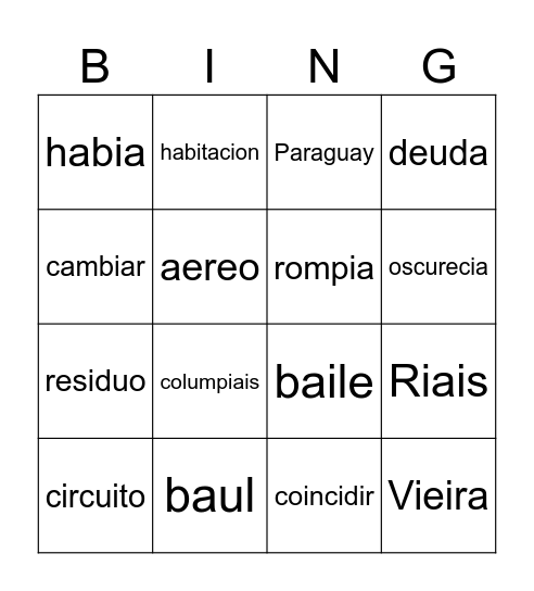 Diptongos Bingo Card