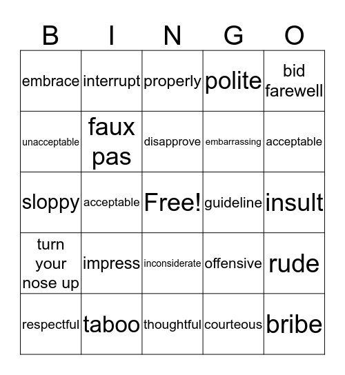MANNERS AND ETIQUETTE Bingo Card