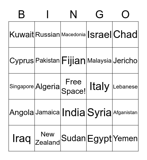 Country Bingo Card