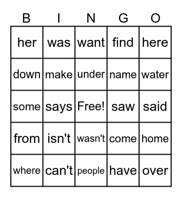 Sight Words Bingo Card