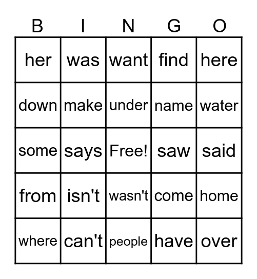 Sight Words Bingo Card