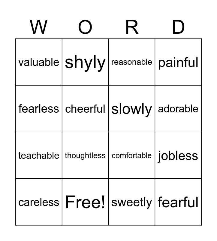 Suffixes Bingo Card
