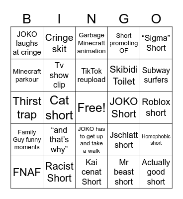 YouTube shorts bingo Card