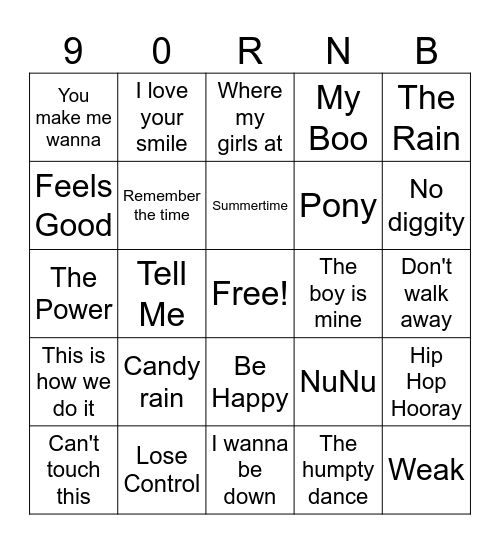 90s R N B Bingo Card