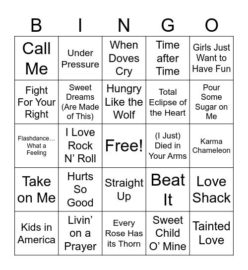 80s Music Bingo Card