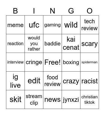 tiktok Bingo Card