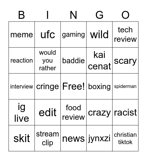 tiktok Bingo Card