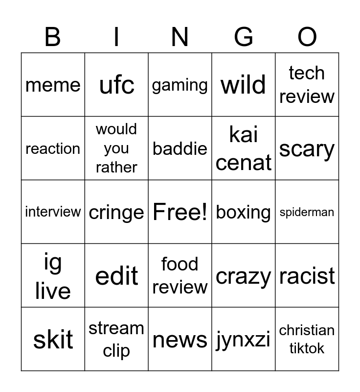 tiktok Bingo Card