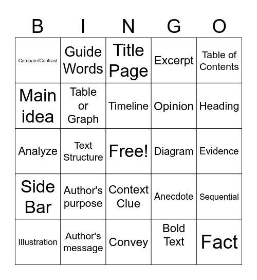 Informational Text Vocabulary Bingo Card
