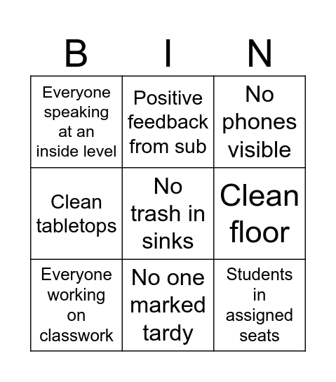 Sub Plans Bingo Card Bingo Card