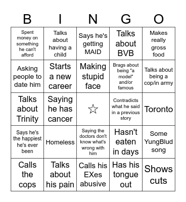 Chase Scully Snapchat Bingo Card