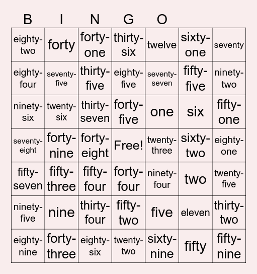 Learn the Numbers! Bingo Card