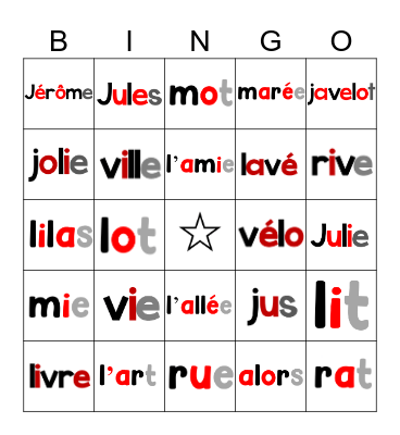 Les voyelles et les consonnes (r, l, m, v, m, j) et les lettres muettes Bingo Card