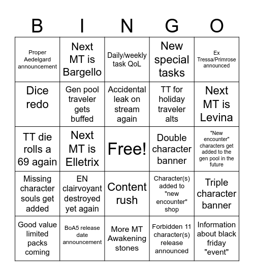 Tavern Talk 11/13/23 Bingo Card