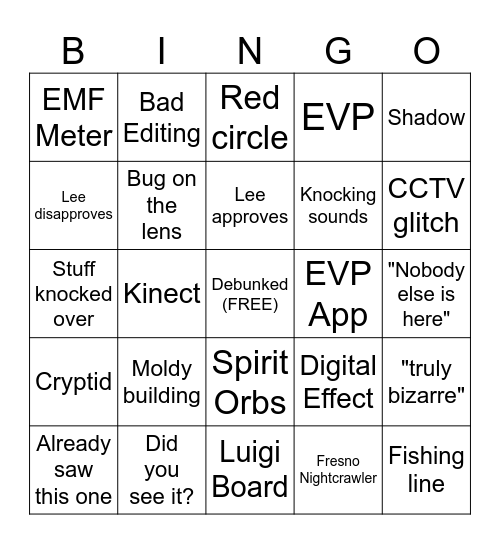Ghost Watch Bingo Card