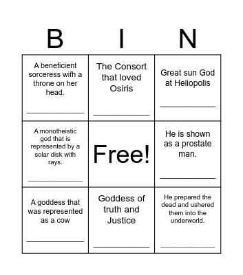 BINGO OF THE EGYPTIAN GODS Bingo Card