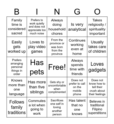 Diversity Bingo Philippines Bingo Card
