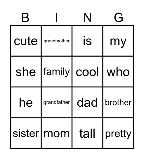 Lesson 10 - She's my mom Bingo Card