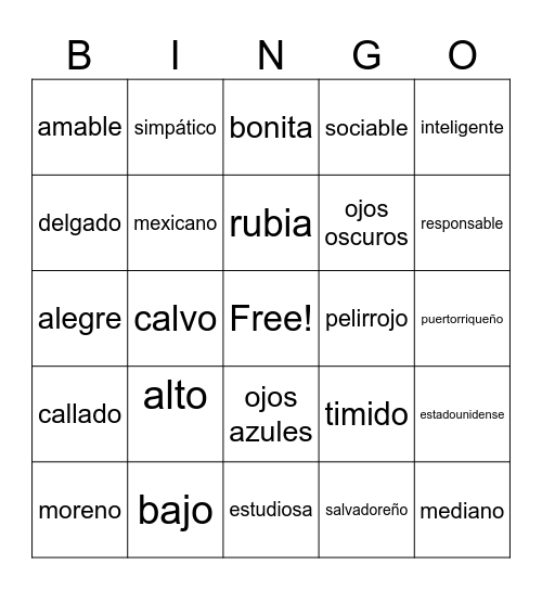 Los Adjetivos Bingo Card