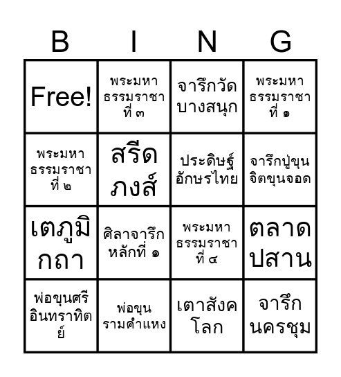 ประวัติศาสตร์สุโขทัย Bingo Card