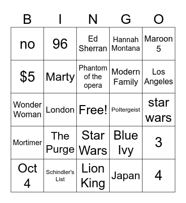 111623 gm5 pop culture 2 lines Bingo Card
