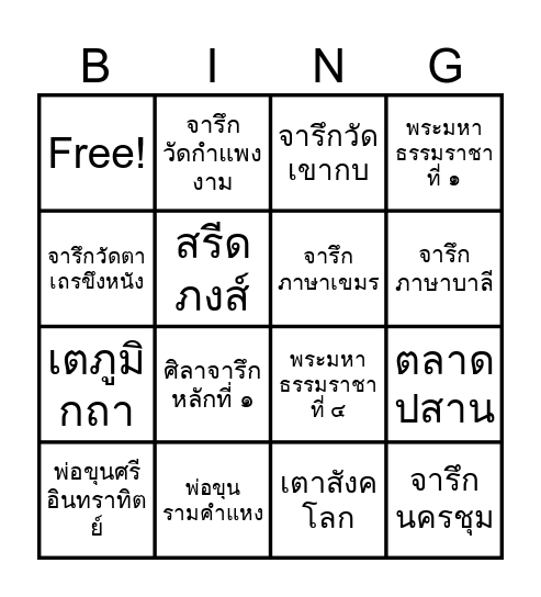 ประวัติศาสตร์สุโขทัย Bingo Card
