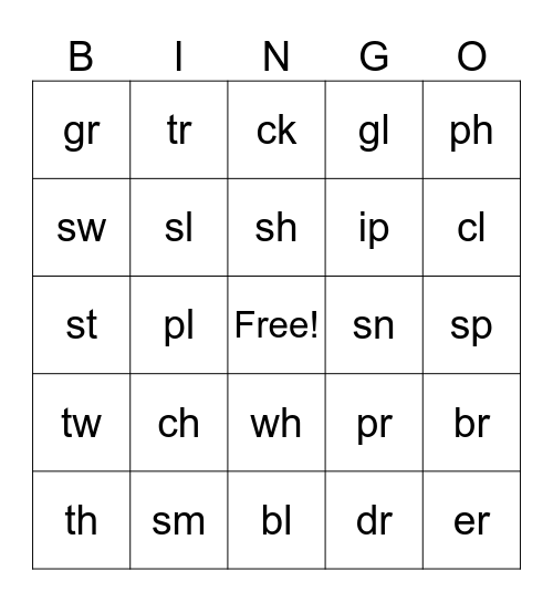 Digraph Sounds Bingo Card