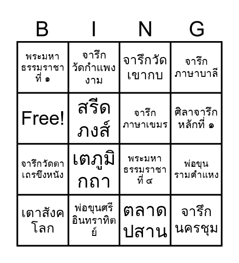 ประวัติศาสตร์สุโขทัย Bingo Card